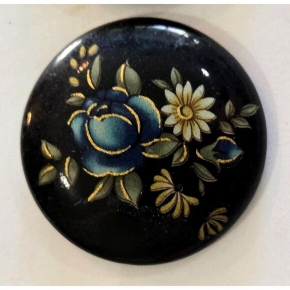 Vintage Black Enamel Floral Earrings 1" Round Hand Painted Wood Stud Post - Picture 7 of 8
